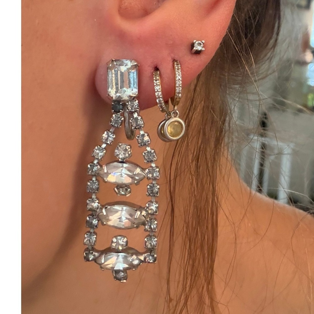 Vintage Rhinestone Chandelier Dangle Earrings Clip On Marquise Emerald Cut 2" 8g - Picture 8 of 8